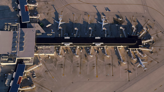 Aerial shot of an airport terminal in Philadelphia, Pennsylvania. Shot in USA.