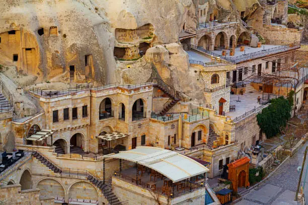 Houses and hotels located in rocky caves in Goreme city, Capadokkia