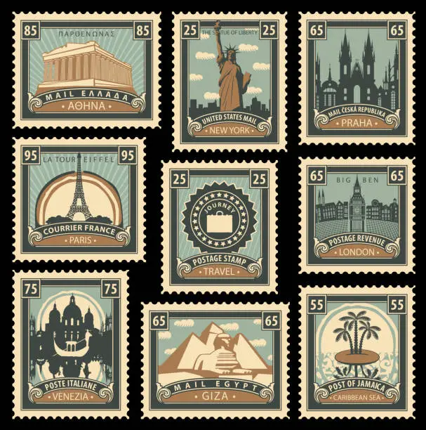 Vector illustration of Set of stamps with architectural historical sites