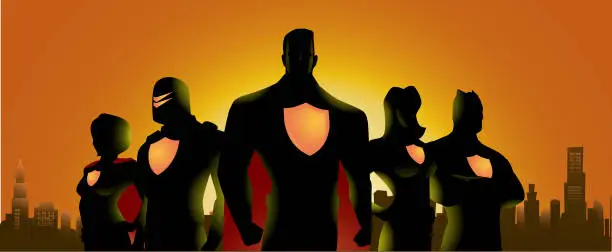 Vector illustration of Superhero Team Silhouette in City Skyline Background