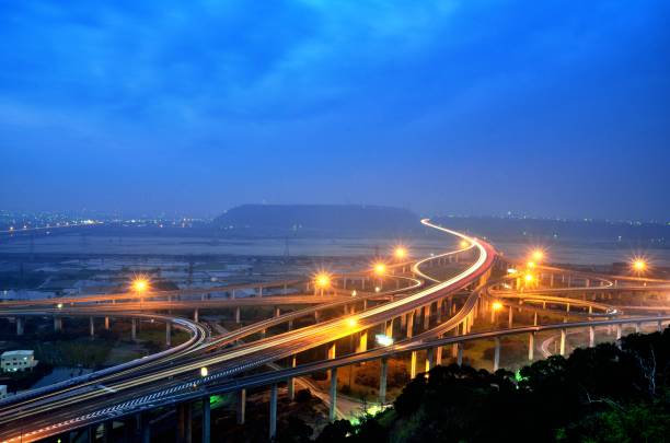 istock Magic hour sky with speed traffic long exposure 952328684