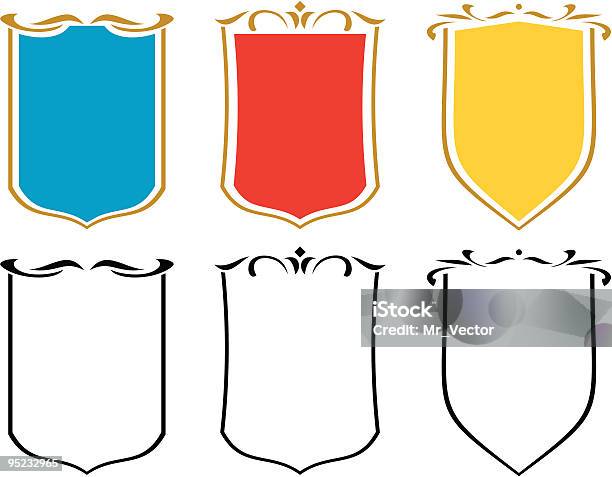 Conjunto De Vetor Emblemas E Crests E Shields - Arte vetorial de stock e mais imagens de Armadura - Armadura tradicional - Armadura - Armadura tradicional, Armadura tradicional, Armamento