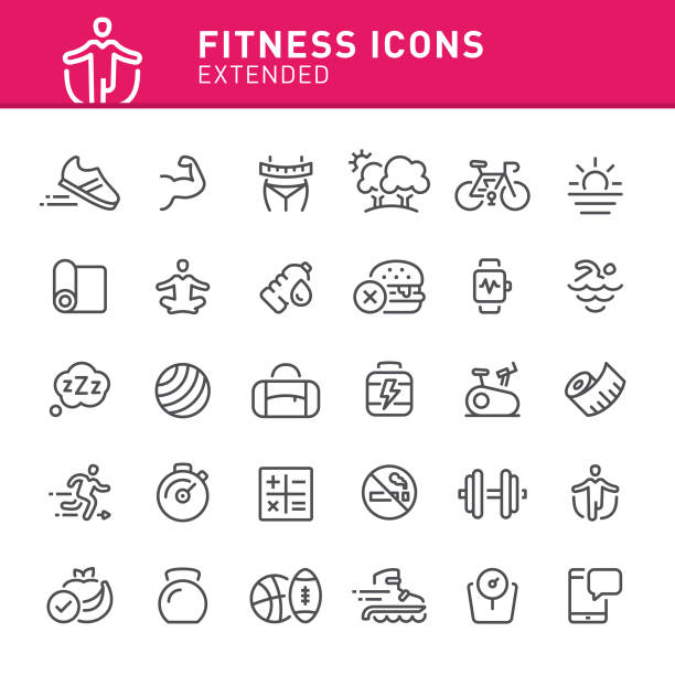 illustrazioni stock, clip art, cartoni animati e icone di tendenza di icone del fitness - exercise equipment weights jump rope shoe