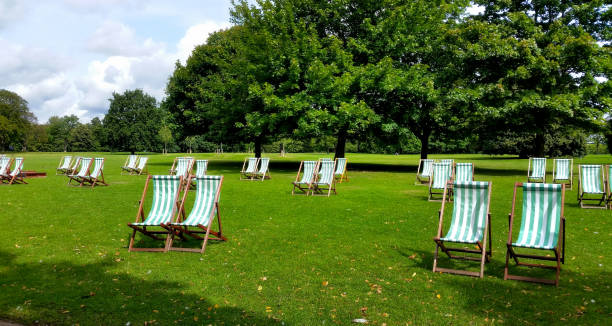 sillas de jardín en hyde park. - deck chair summer grass outdoor chair fotografías e imágenes de stock