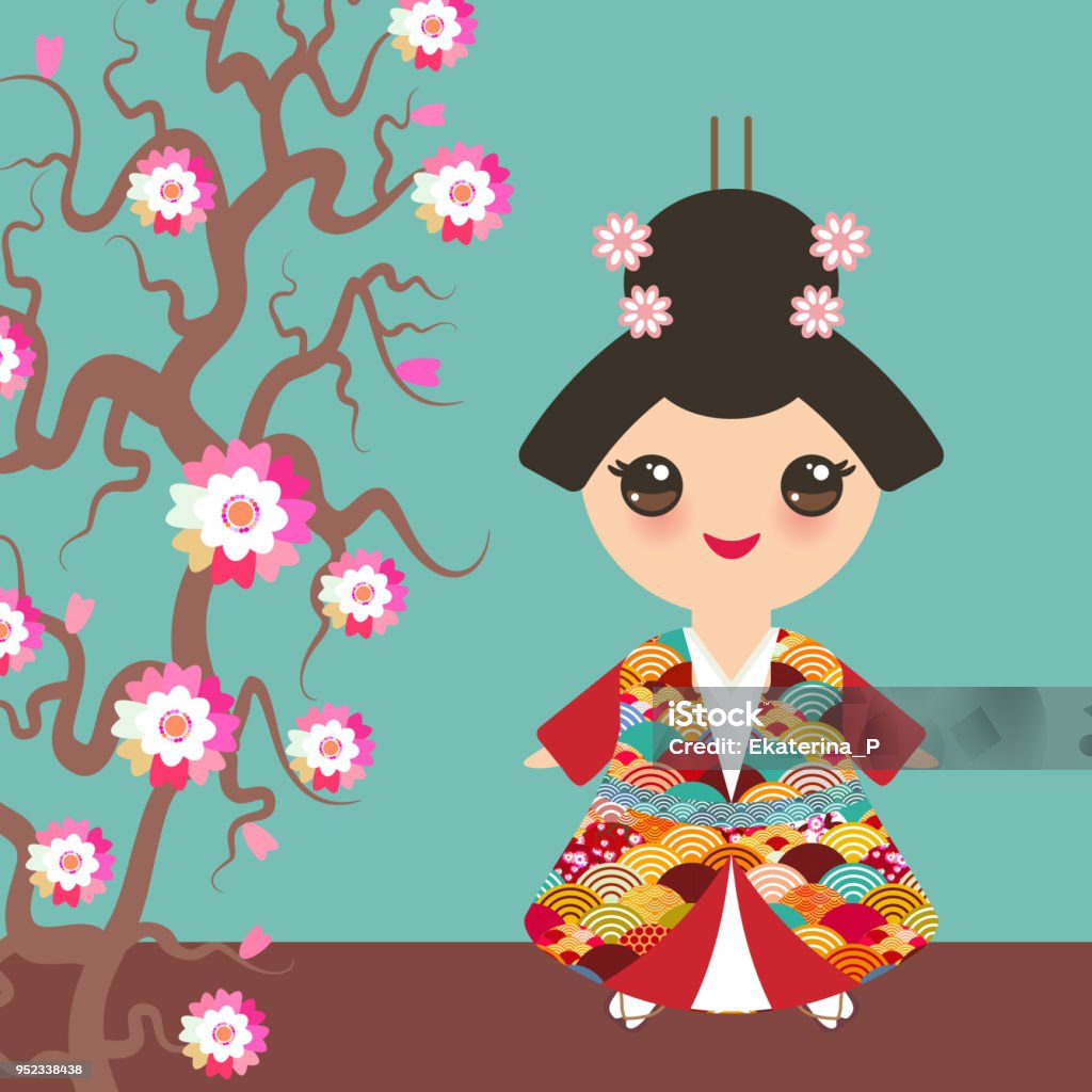Japans Meisje In Klederdracht Kimono Cartoon Kinderen In Traditionele  Kleding Japan Golf Patroon Rode Bourgogne Kaart Banner Ontwerp Met Cirkel  Op Een Blauwe Achtergrond Sakura Tak Met Roze Bloemen Vector  Stockvectorkunst En