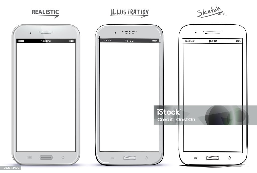 Mobile Phone Vector Drawing With Different Styles. Realistic, Illustration and Sketch alternatives. Telephone stock vector