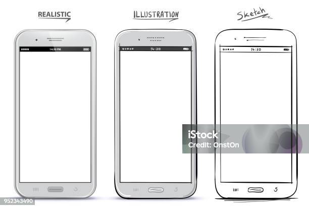 Mobile Phone Vector Drawing With Different Styles Stock Illustration - Download Image Now - Telephone, Drawing - Activity, Mobile Phone