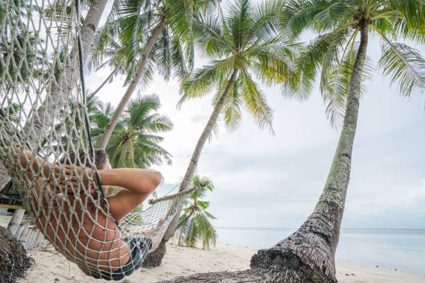 istock Happy man relaxing on hammock on tropical beach under palm trees 952360726