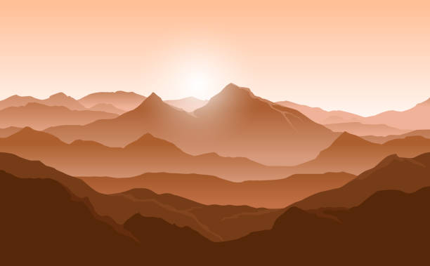 ilustrações de stock, clip art, desenhos animados e ícones de vector landscape with orange silhouettes of mountains and evening sunlight - layered mountain peak summer light