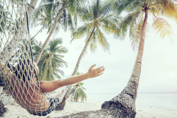 istock Happy man relaxing on hammock on tropical beach under palm trees 952360856