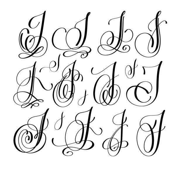 ilustrações de stock, clip art, desenhos animados e ícones de calligraphy lettering script font  j set, hand writte - writte