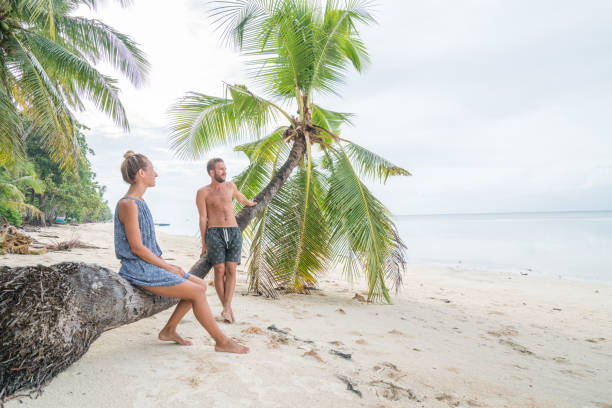 istock Young couple enjoying vacations on tropical beach, palm tree 952361366