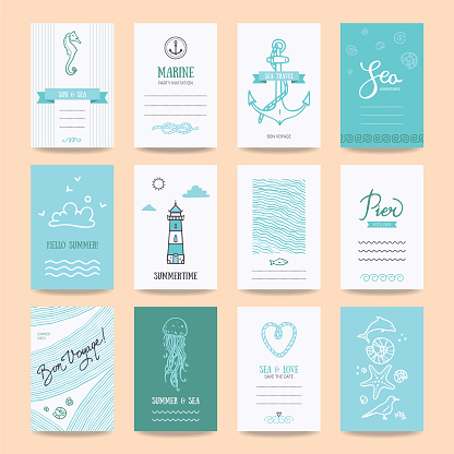 Summer holiday, sea vacation, ocean trip card, wedding flyer, party invitation, poster. Hipster collection of summertime templates, hand drawn design elements, marine symbols, vector illustrations.