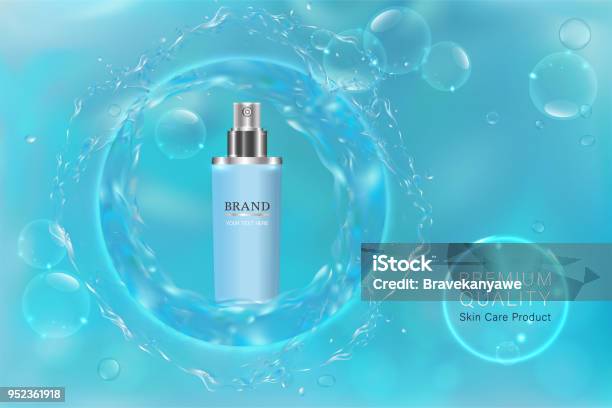 Blue Cosmetic Container With Advertising Background Ready To Use Blue Liquid Luxury Skin Care Ad Stock Illustration - Download Image Now