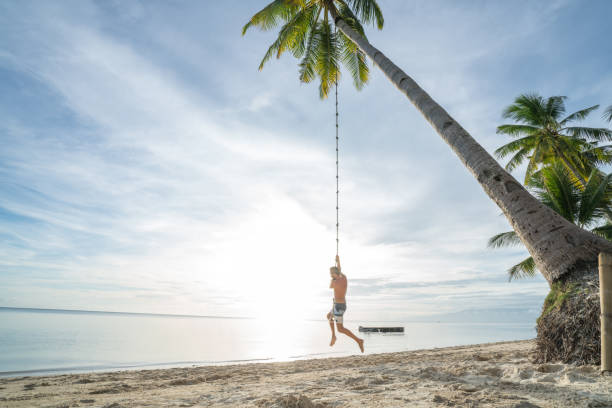 istock Young man playing on beach, swing rope on palm tree 952365958