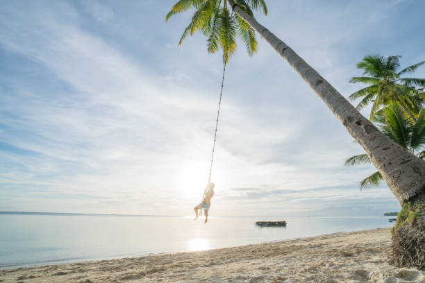 istock Young man playing on beach, swing rope on palm tree 952366068