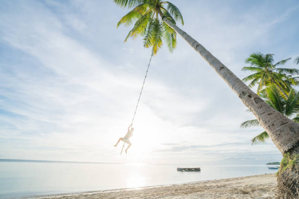 istock Young man playing on beach, swing rope on palm tree 952366182