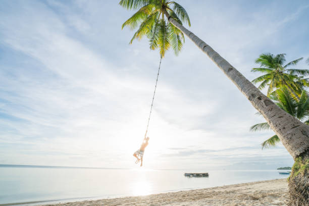 istock Young man playing on beach, swing rope on palm tree 952366270