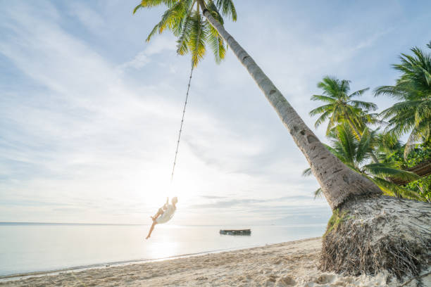istock Young woman playing on beach, swing rope on palm tree 952366998