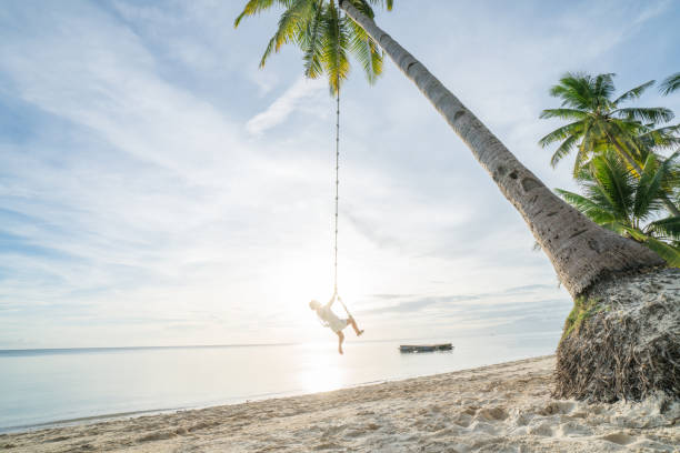 istock Young woman playing on beach, swing rope on palm tree 952367110