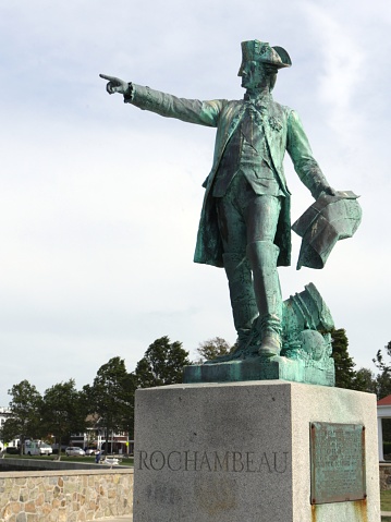 NEWPORT, RHODE ISLAND—SEPTEMBER 2017:  Statue of Jean-Baptiste Donatien de Vimeur, comte de Rochambeau overlooking Newport harbor.