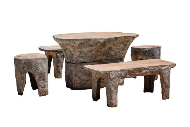 Set of stone table with bench isolated stock photo