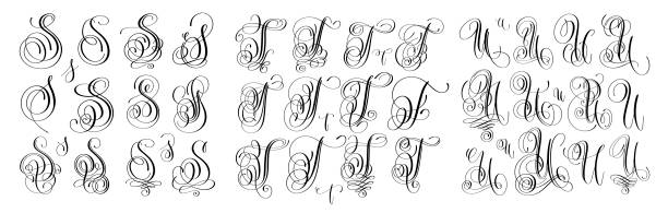 ilustrações de stock, clip art, desenhos animados e ícones de calligraphy letters set s, t and u, script font - letter s text alphabet letter t