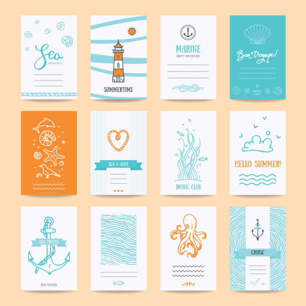 ilustraciones, imágenes clip art, dibujos animados e iconos de stock de hola verano tarjetas de felicitación, ilustraciones de nautic - celebración de despedida