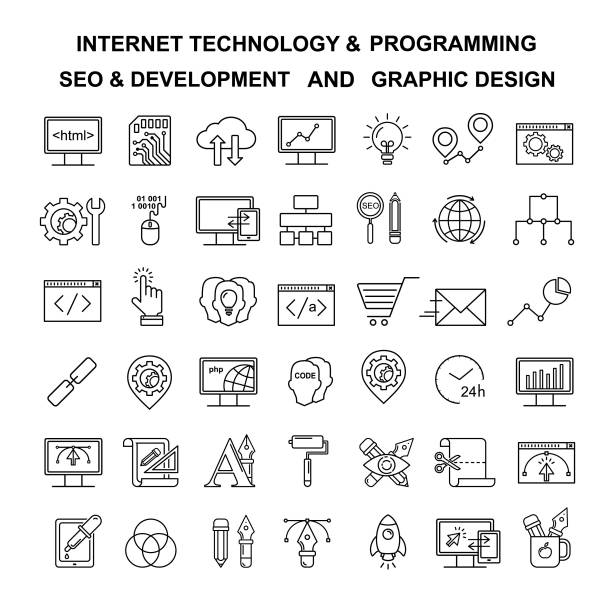 ilustraciones, imágenes clip art, dibujos animados e iconos de stock de vector iconos lineales tecnología y programación de internet. símbolos de estilo de línea html y php. negro desarrollo, seo y optimización y los iconos de herramientas de diseño gráfico. - diseño web