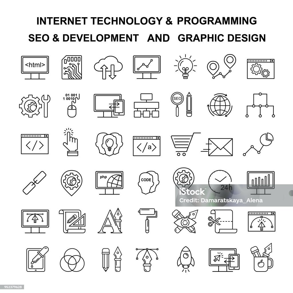 Vector Internet technology and programming linear icons. Html and php  line style simbols. Black development, seo and optimization and graphic designer tools icons. Line style technology icons set Icon Symbol stock vector