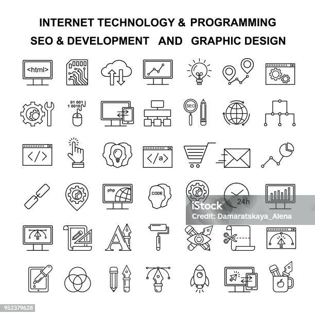 Vector Internet Technology And Programming Linear Icons Html And Php Line Style Simbols Black Development Seo And Optimization And Graphic Designer Tools Icons Stock Illustration - Download Image Now