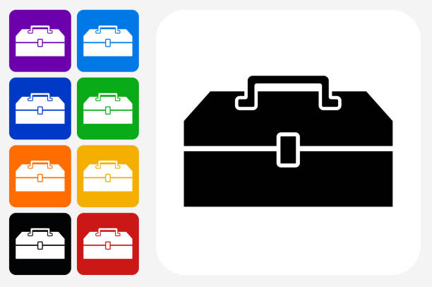 Tool Box Icon Square Button Set Tool Box Icon Square Button Set. The icon is in black on a white square with rounded corners. The are eight alternative button options on the left in purple, blue, navy, green, orange, yellow, black and red colors. The icon is in white against these vibrant backgrounds. The illustration is flat and will work well both online and in print. toolbox stock illustrations