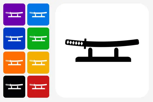 Vector illustration of Katana Sword Icon Square Button Set