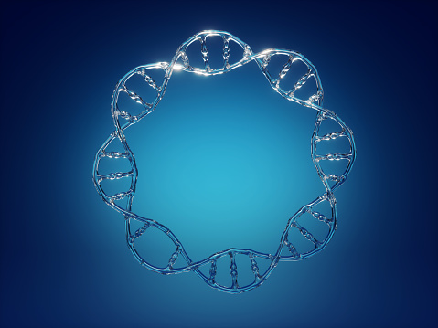 3d render, dna spiral, chain, microbiology, biotechnology, genome editing, abstract scientific background, liquid water texture, glass, blank round frame, ring