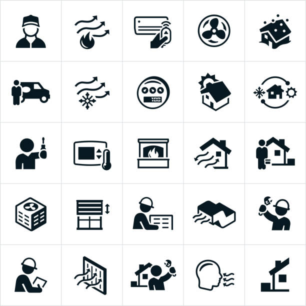 ilustraciones, imágenes clip art, dibujos animados e iconos de stock de calefacción y aire acondicionado los iconos - aparato de aire acondicionado