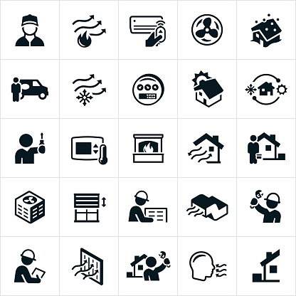 A set of heating, ventilation and air conditioning (HVAC) icons. The icons include air conditioning, heating, HVAC, HVAC technicians, home heating, home air conditioning, repairman, repair, installation, filter and fireplace to name a few.