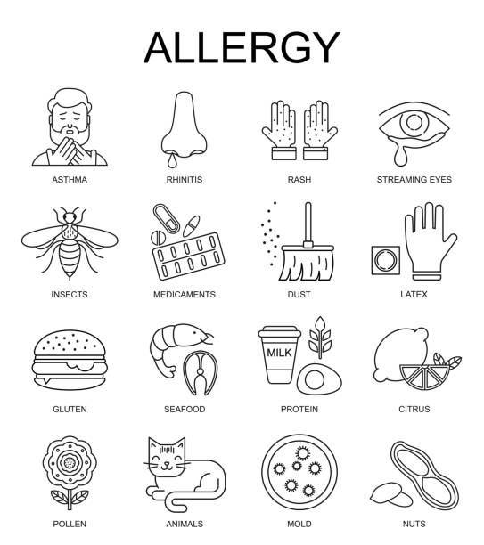 Allergy symptoms vector illustration. The most common allergens black on white line style icons set. Medical background. Medicine and health pattern. vector art illustration