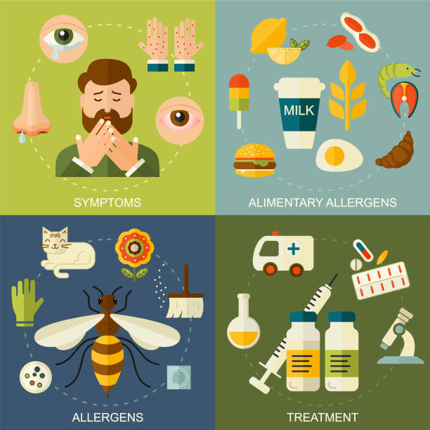 Allergy symptoms and treatment vector illustration.  The most common allergens icons set, flat style. Medicine and health symbols. Medical background. vector art illustration