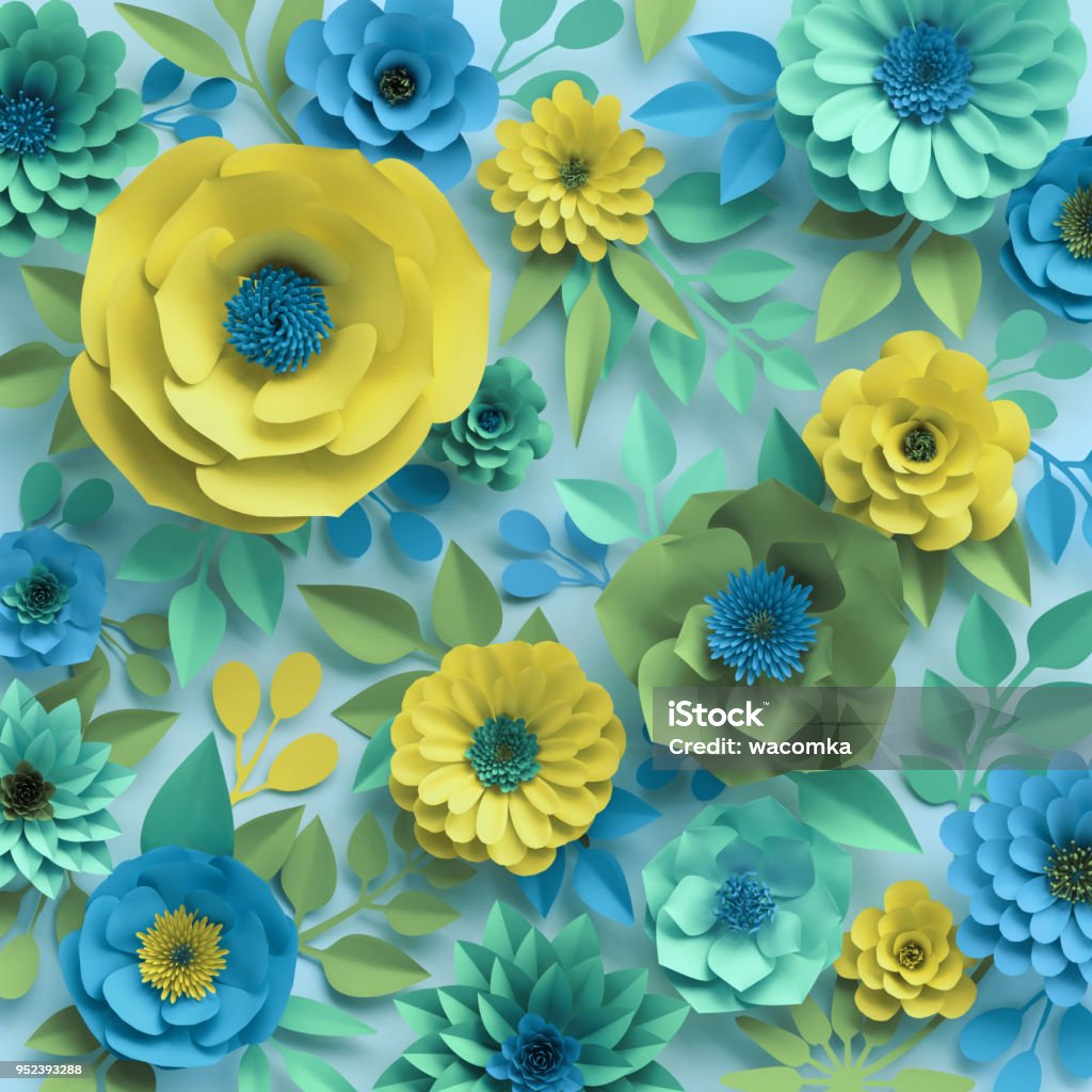 3d Render Paper Flowers Botanical Background Floral Wallpaper Turquoise  Pattern Garden Mint Blue Yellow Spring Summer Nature Rose Daisy Dahlia  Stock Photo - Download Image Now - iStock