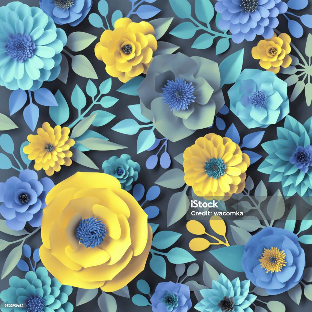 3d Render Blue Yellow Paper Flowers Botanical Background Floral Wallpaper Spring Summer Pattern Rose Daisy Dahlia Leaves Isolated On Gray Stock Photo - Download Image Now - iStock 3d Render Blue Yellow Paper Flowers Botanical Background Floral Wallpaper Spring Summer Pattern Rose Daisy Dahlia Leaves Isolated On Gray Stock Photo - Download Image Now - iStock