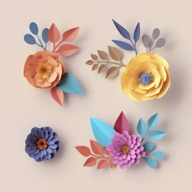 istock 3d render, pastel paper flowers, abstract botanical decor, design elements isolated on peachy background, quilling craft, festive decoration, pink blue yellow, peony, dahlia, daisy, rose 952393578