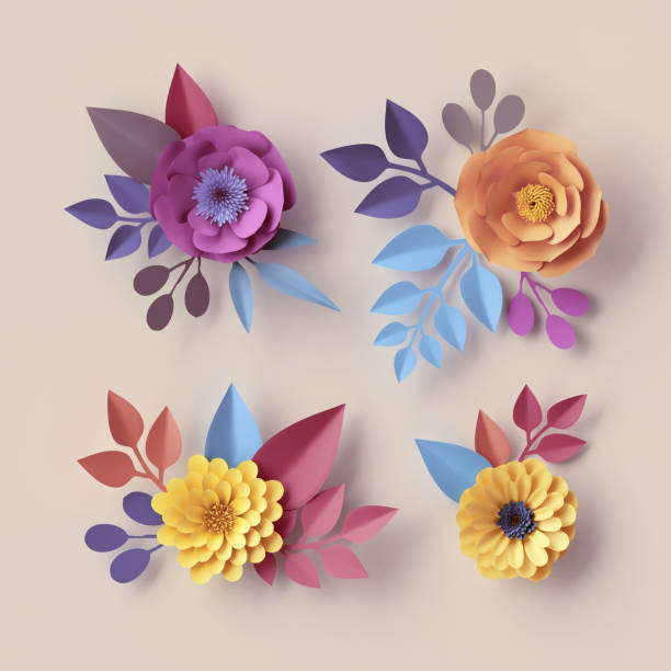 istock 3d render, pastel paper flowers, abstract botanical decor, design elements isolated on peachy background, quilling craft, festive decoration, pink blue yellow, peony, dahlia, daisy, rose 952393816