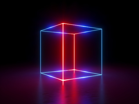 3d render, glowing lines, neon lights, abstract background, cube cage, ultraviolet, infrared, spectrum vibrant colors, laser show