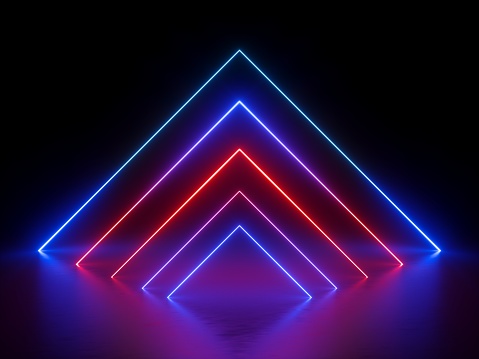 3d render, glowing lines, neon lights, abstract background, virtual reality, square corner, arch, ultraviolet, infrared, spectrum vibrant colors, laser show