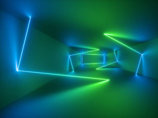3d render, glowing lines, neon lights, virtual reality, abstract psychedelic background, green, vibrant colors 3d render, glowing lines, neon lights, virtual reality, abstract psychedelic background, green, vibrant colors negative space illusion stock pictures, royalty-free photos & images