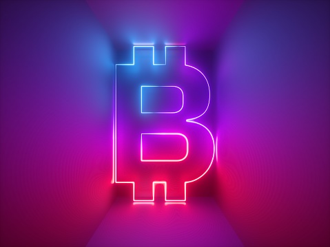 3d render, glowing bitcoin symbol, crypto currency sign, neon lights, virtual reality, abstract business background, ultraviolet, red blue vibrant colors