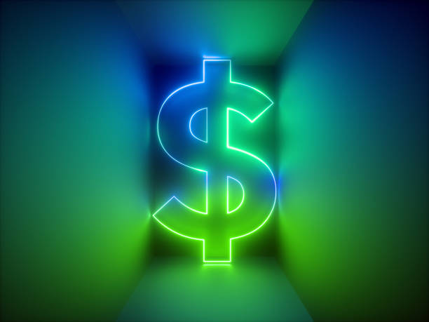 3d render, glowing dollar sign, currency symbol, blue green neon light, virtual reality, abstract business background, green blue vibrant colors