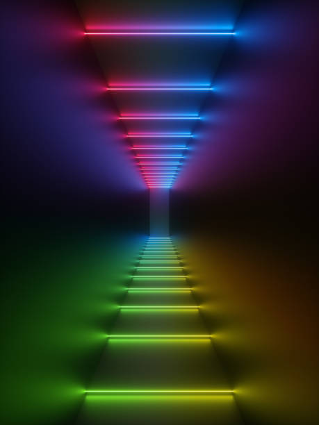 3d render, glowing lines, neon lights, abstract psychedelic background, corridor, tunnel, ultraviolet, spectrum vibrant colors, laser show 3d render, glowing lines, neon lights, abstract psychedelic background, corridor, tunnel, ultraviolet, spectrum vibrant colors, laser show negative space illusion stock pictures, royalty-free photos & images