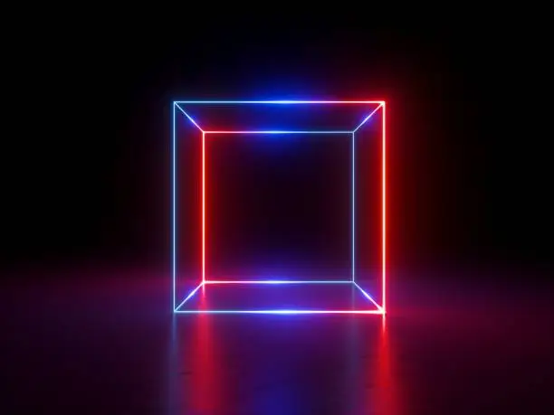 3d render, glowing lines, neon lights, abstract background, cube cage, ultraviolet, infrared, spectrum vibrant colors, laser show