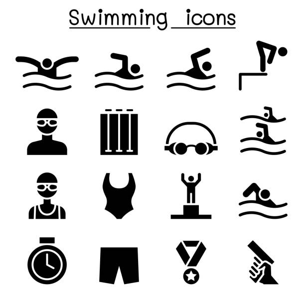 illustrazioni stock, clip art, cartoni animati e icone di tendenza di immagine grafica dell'illustrazione vettoriale del set di icone di nuoto - swimming trunks immagine